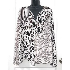 Cabi Dark Brown White Animal Print Faux Wrap Long Sleeve Blouse Tops XL #590